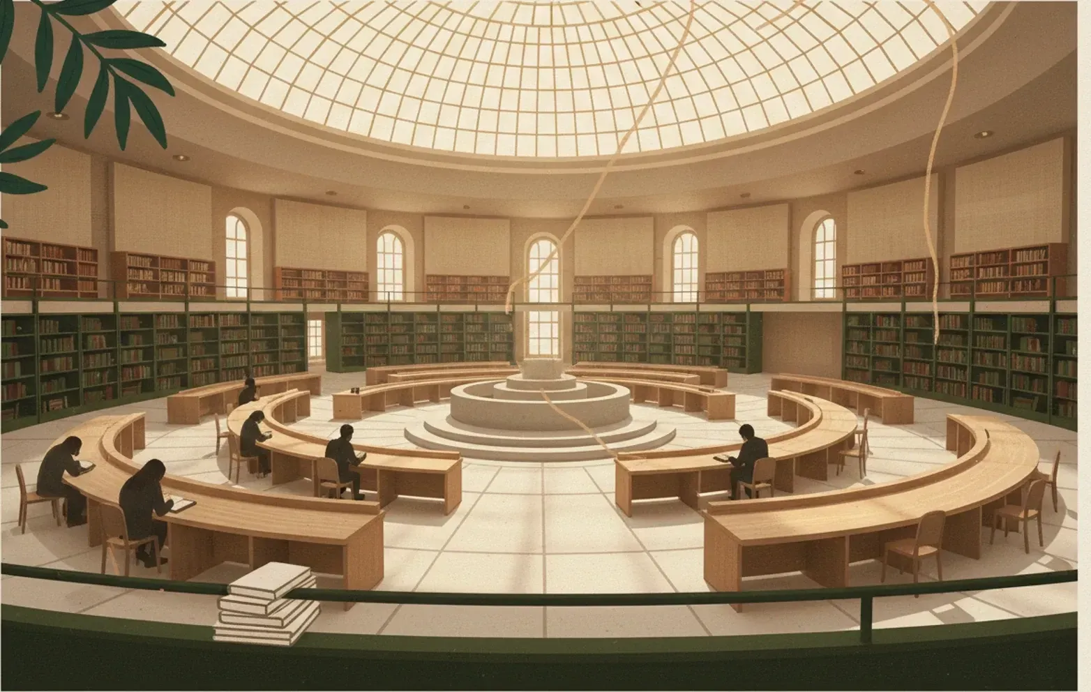 A circular reading room seen from its upper gallery, desks radiating outwards under a domed skylight.