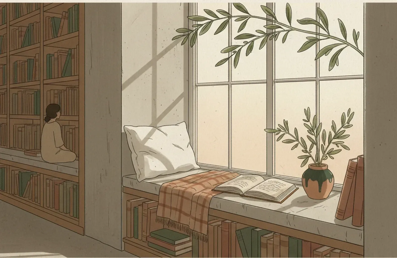 A deep window seat with a cushion and a folded blanket, an open book lying face down on it and a shelf of worn paperbacks within reach.