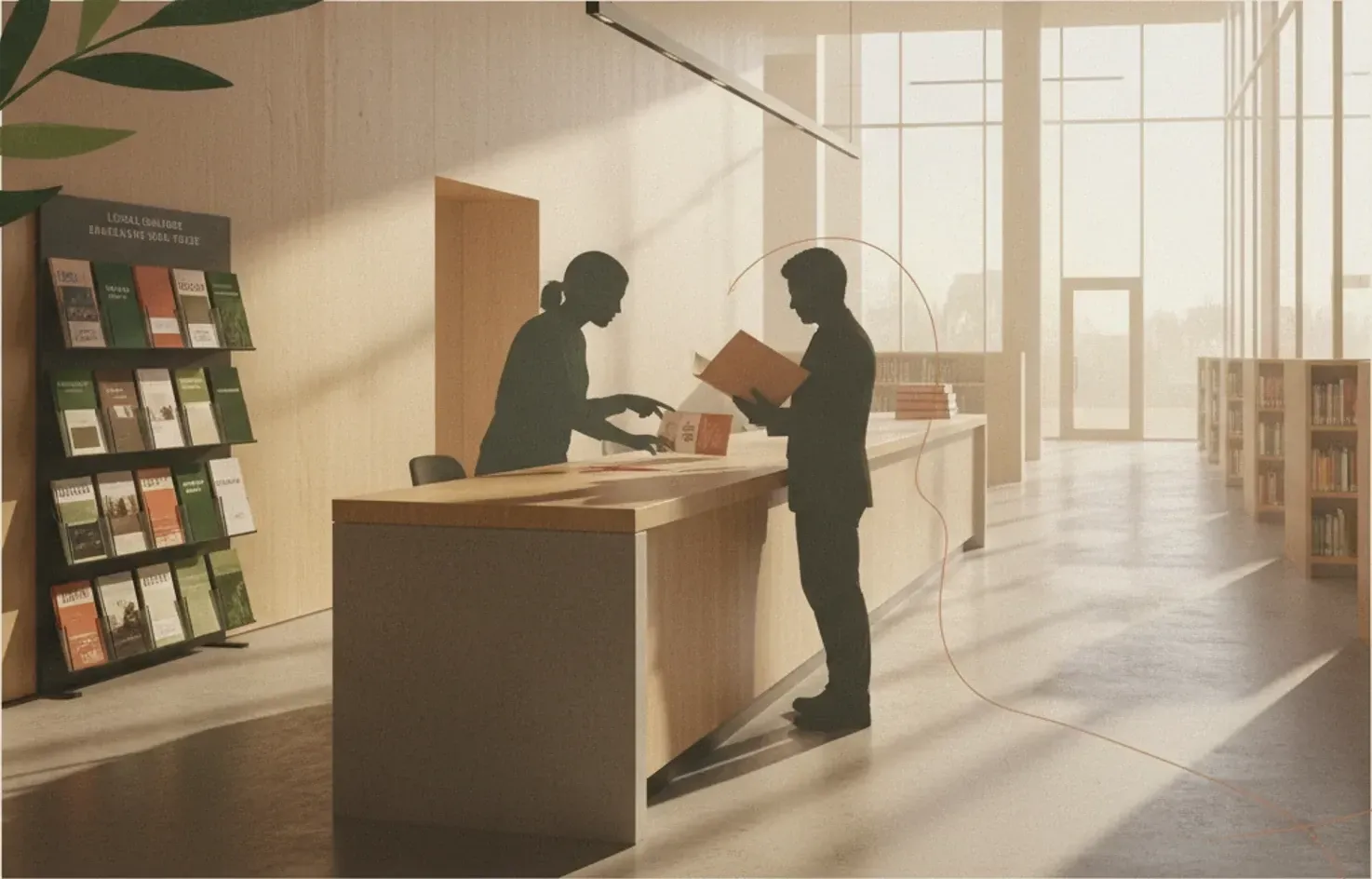 A library enquiry desk with a member of staff leaning across it to point something out on a leaflet, a rack of local leaflets at the end of the counter.