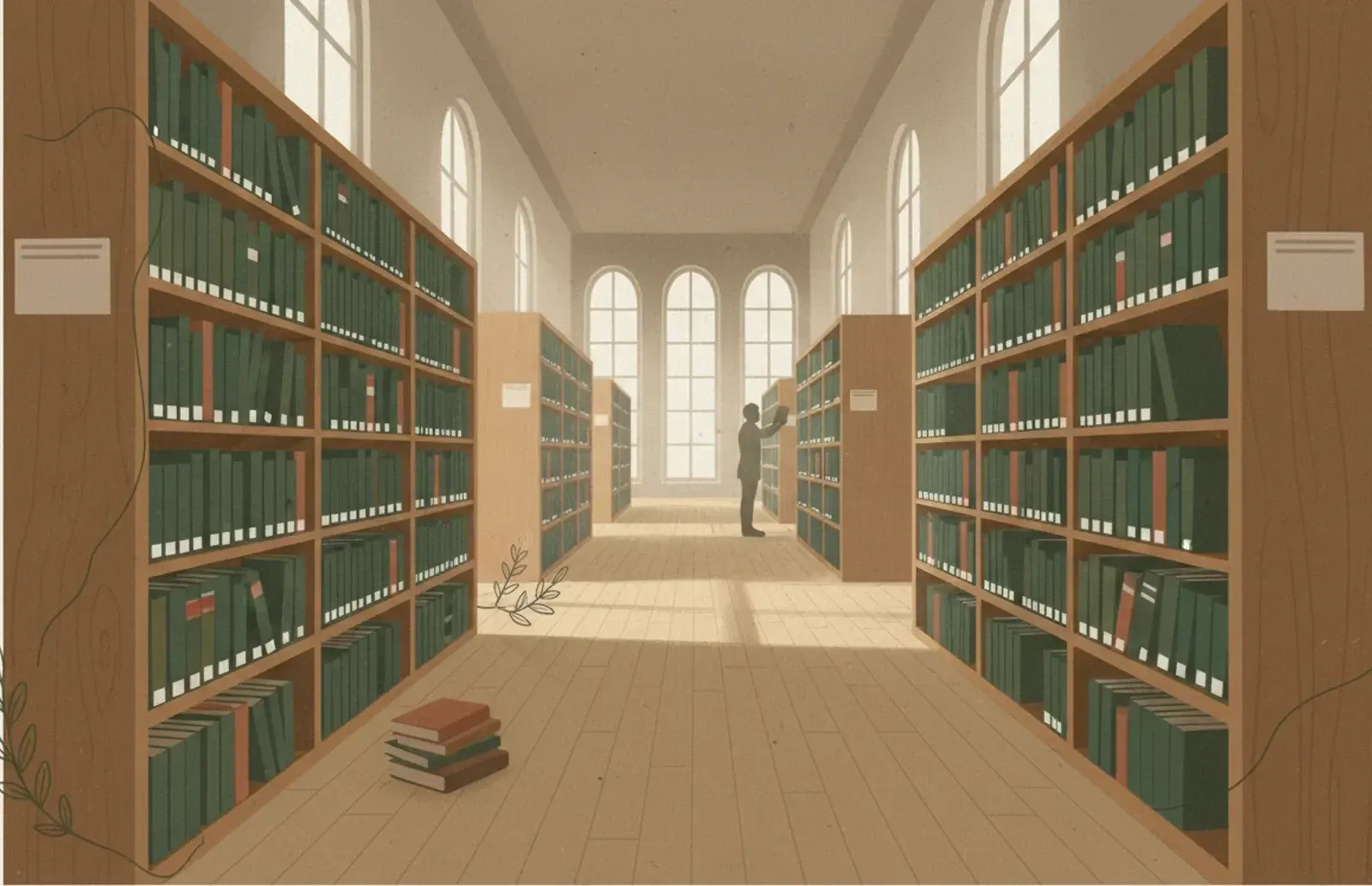 A long library aisle between tall wooden shelves of dark green books, each spine with a small white label near its foot, arched windows at the far end and a reader taking a book from a shelf.