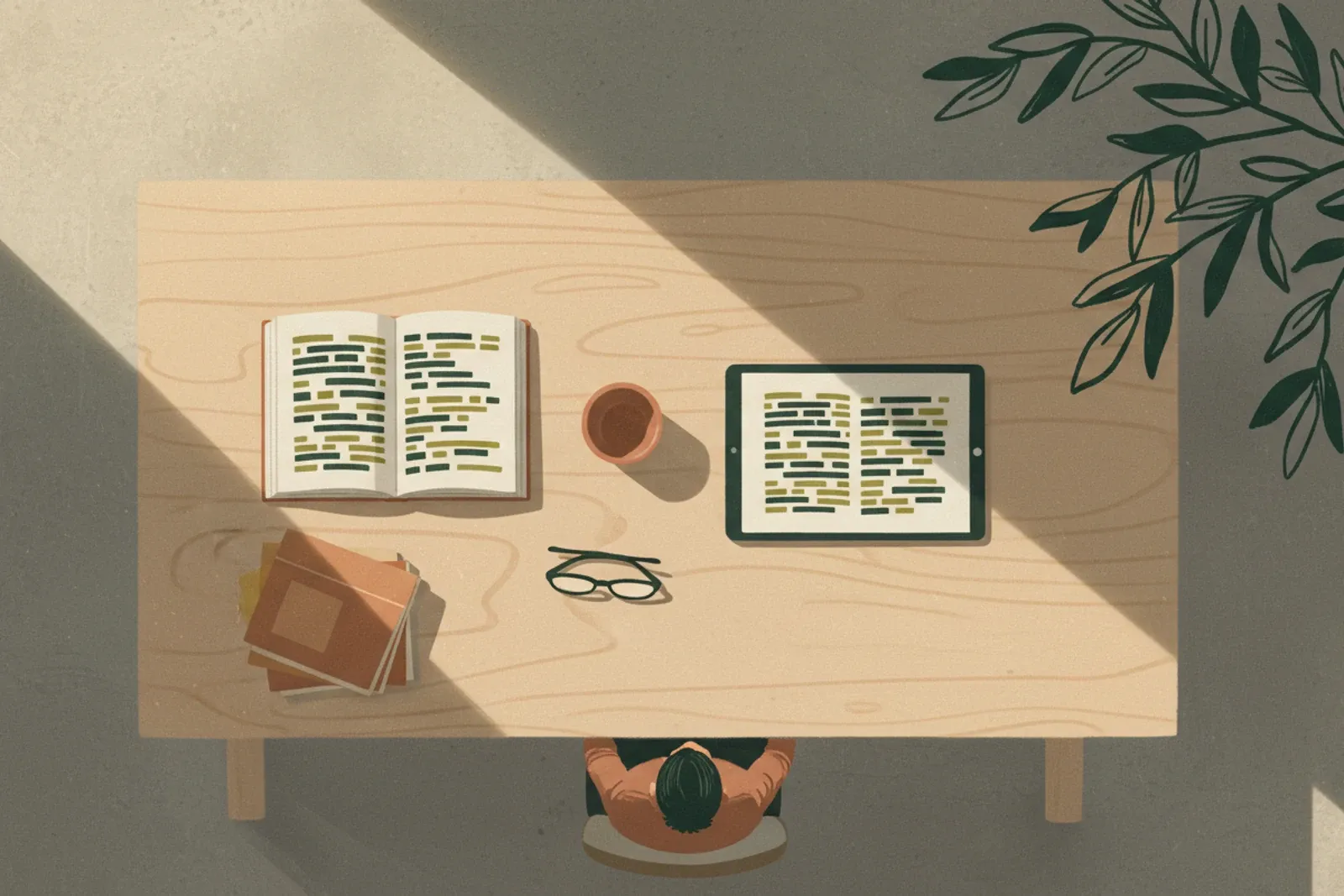 A desk seen from above: an open paper book beside a tablet showing the same page, under a warm lamp.