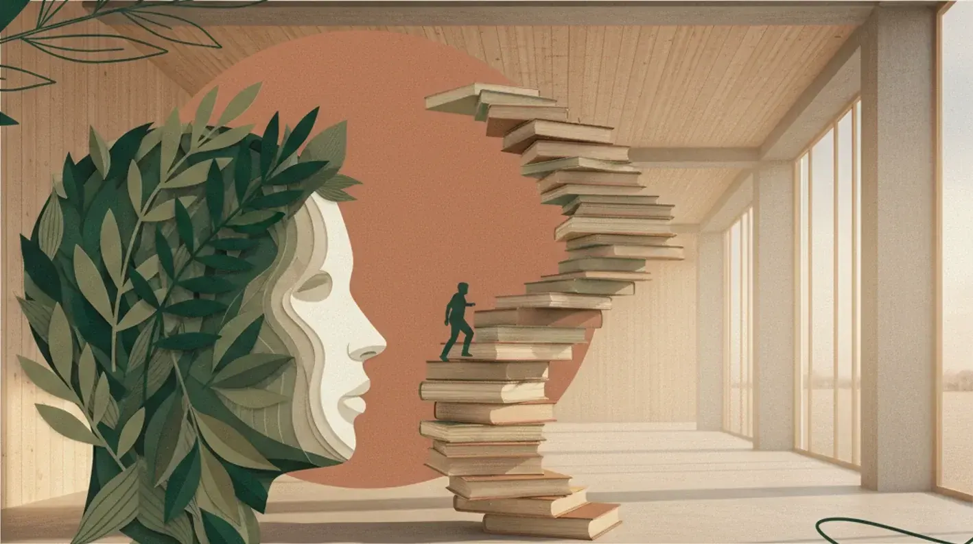 A head in profile built from paper and leaves, beside a stack of books that turns into a staircase a small figure is climbing.