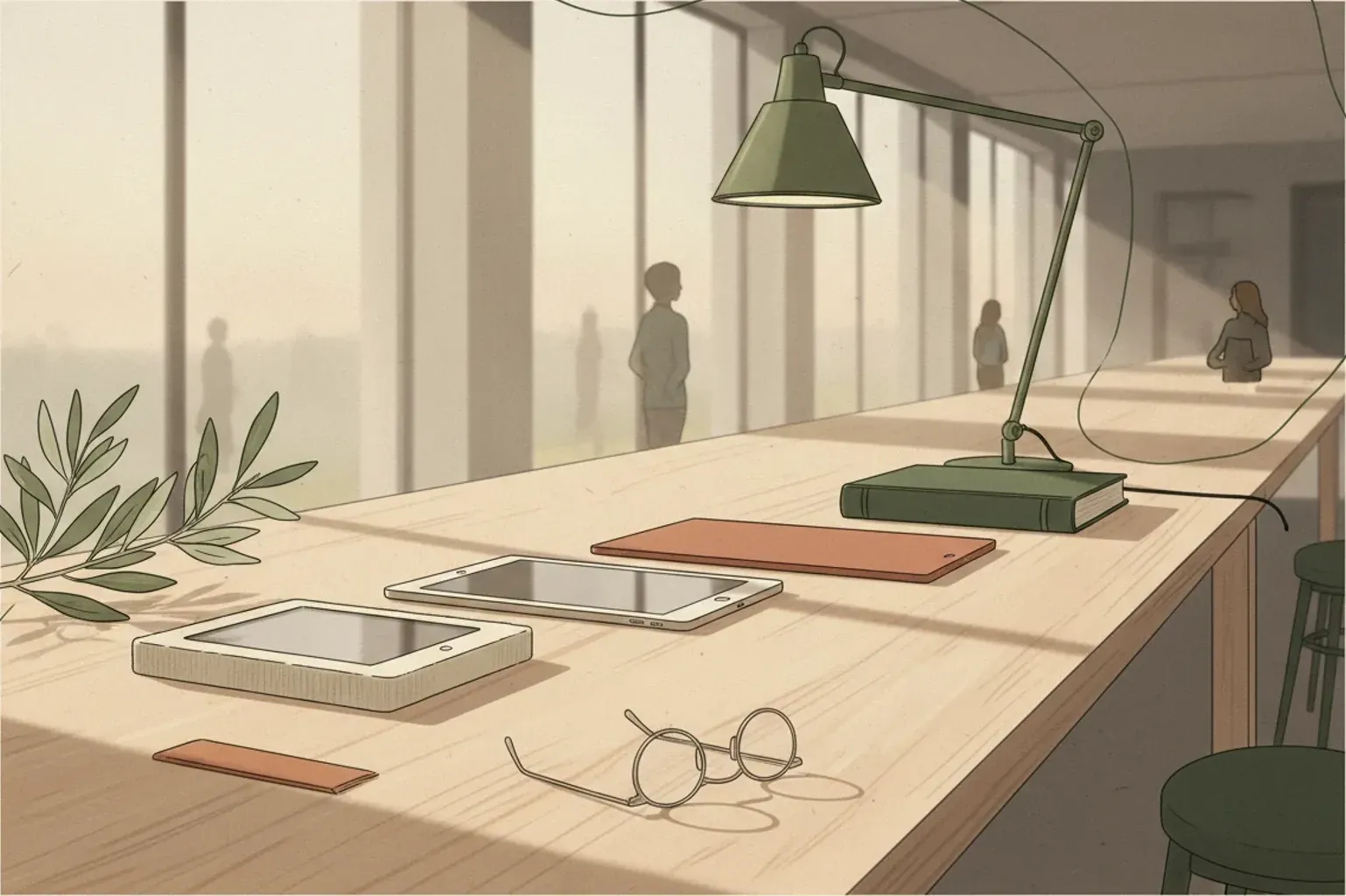 Three reading devices of different generations laid out in a row on a wooden table beside a thick hardback, under a reading lamp.