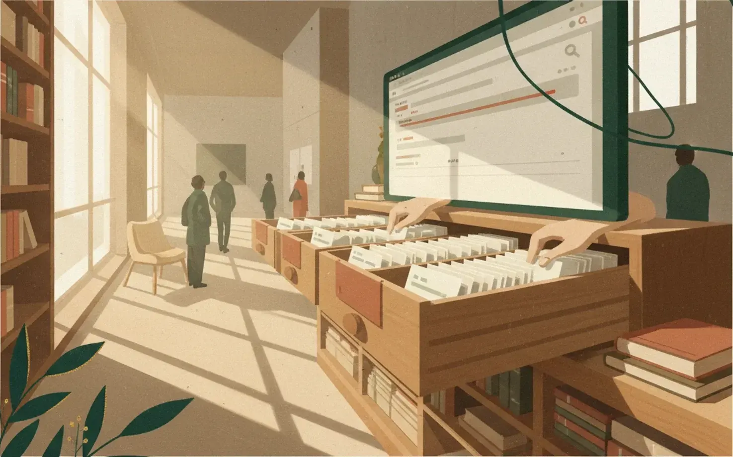 An open card catalogue drawer with index cards raised, and a screen behind it showing the same record as a search result.
