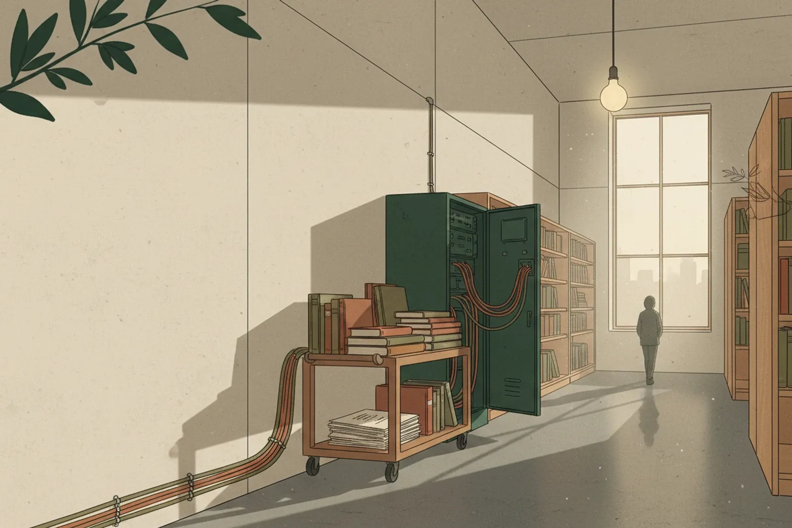 A library back room: a loaded book trolley beside an open equipment cabinet, patch cables running out of it along the wall.