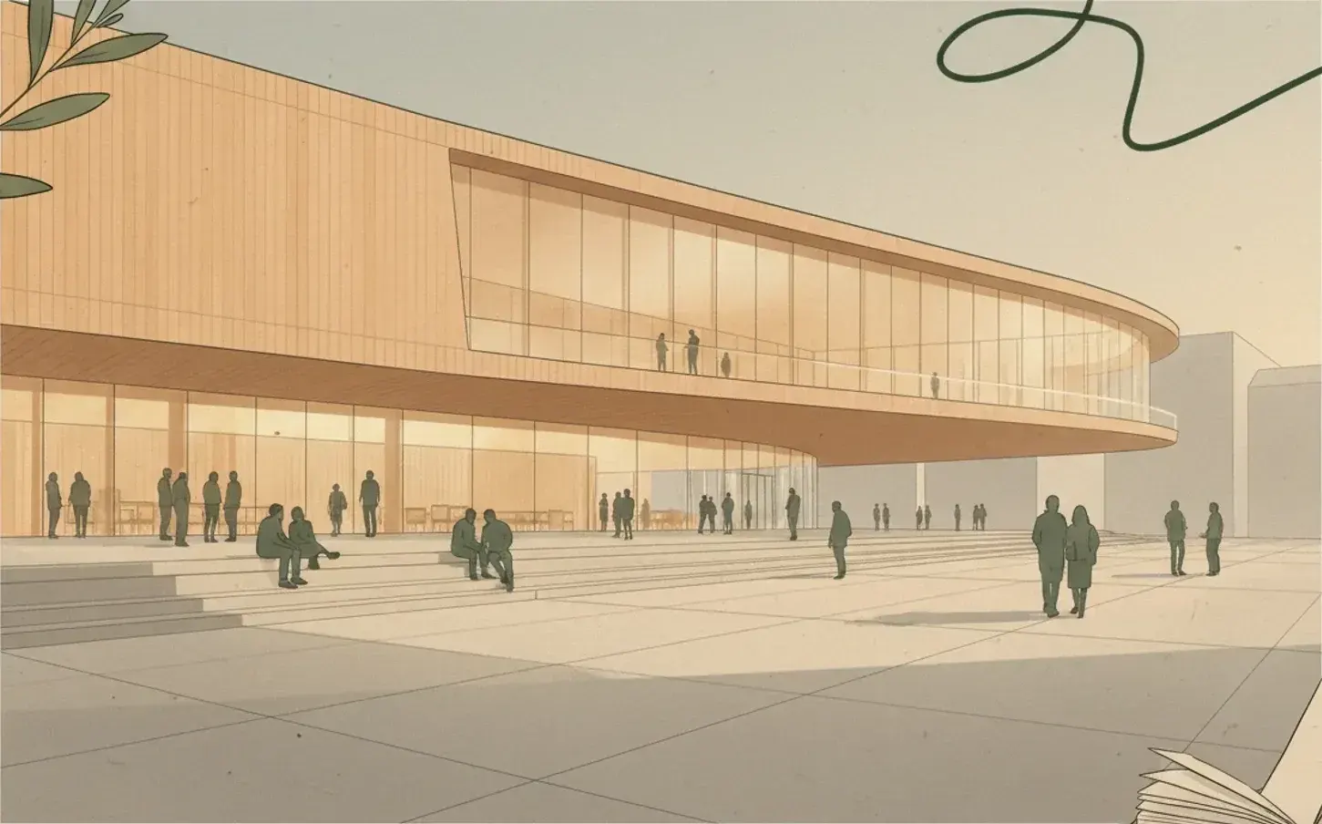 The curved timber and glass front of Oodi library at dusk, its upper floor cantilevered over an open square.