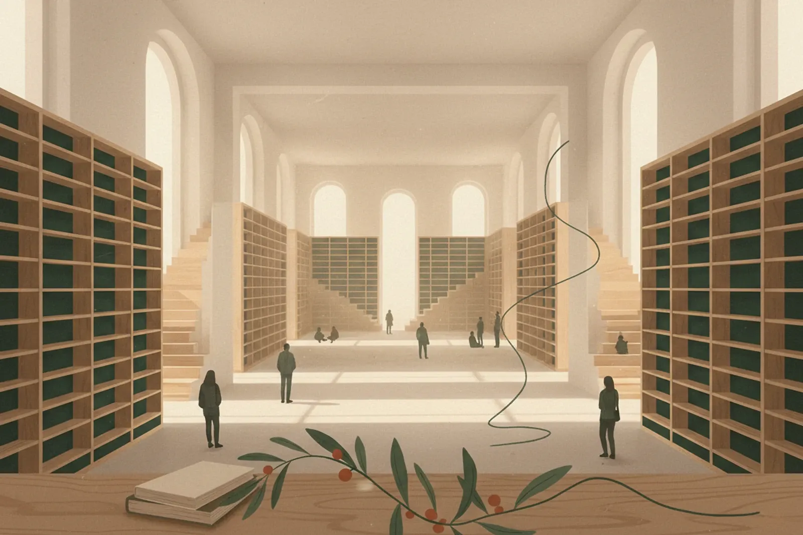 Square stepped galleries of pale shelves rising on all four sides of a bright white central void.