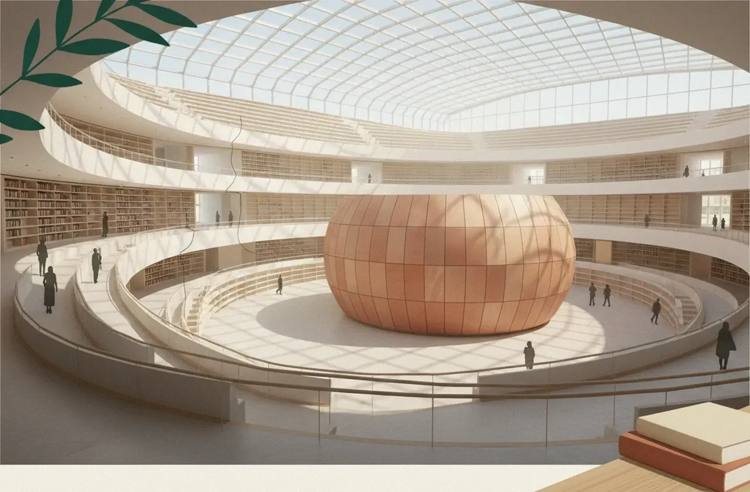White terraced shelves curving in waves around a large spherical auditorium under a glass roof.