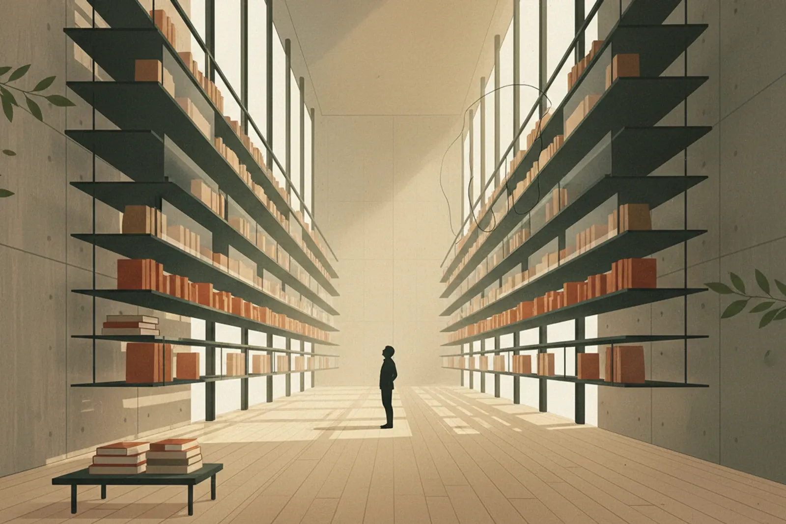 Glass and steel bookshelves suspended along both walls of a vast hall that recedes into the distance.