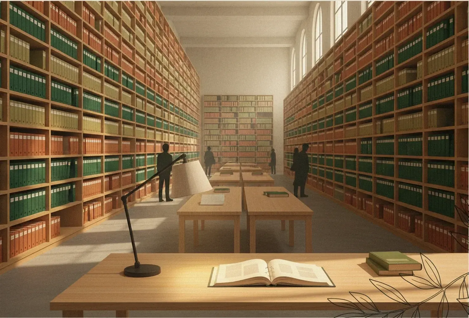 A wall of ring binders and printed pages in an archive room, one binder open on the table below.