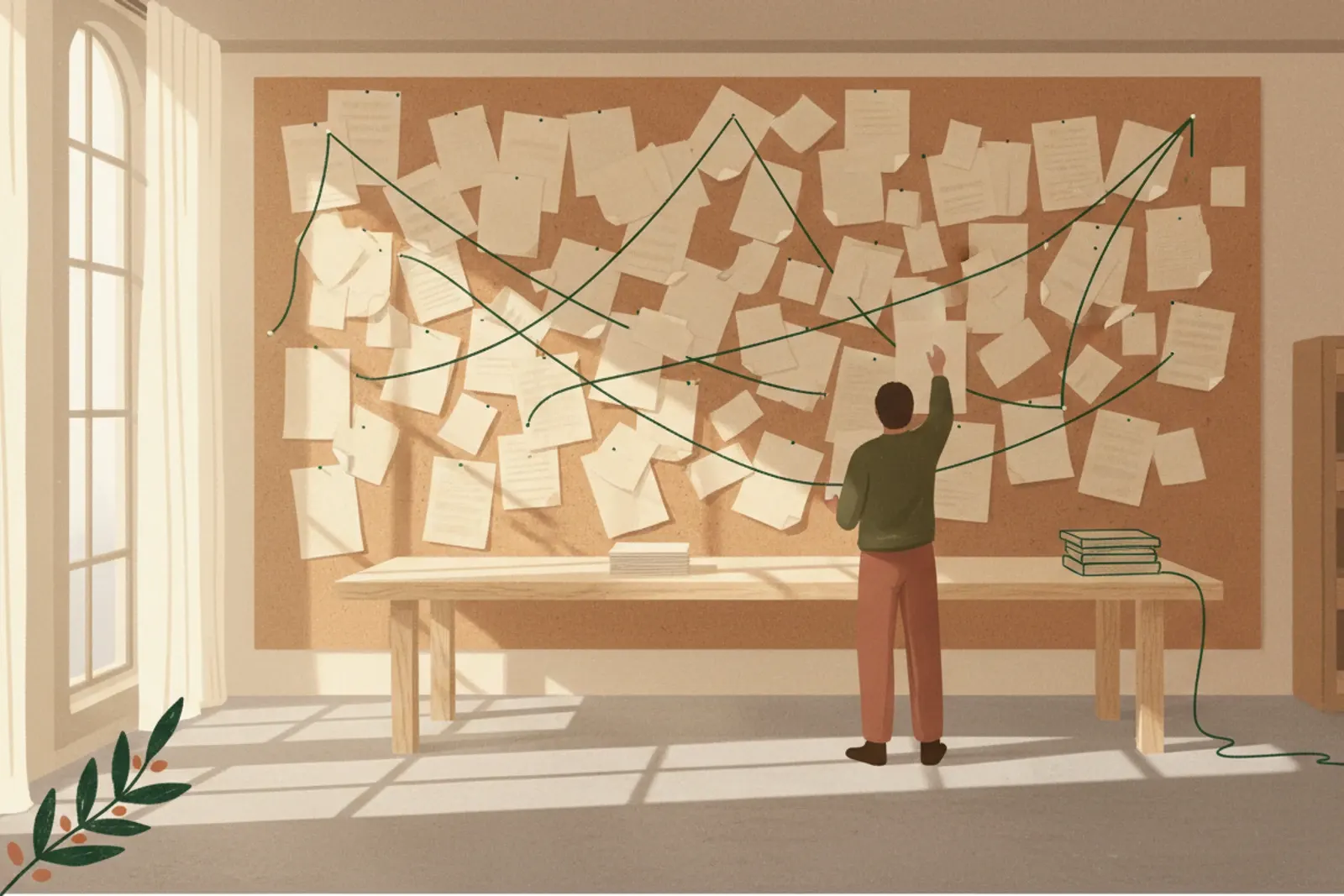 A wall-sized cork board of overlapping paper clippings joined by green thread, with someone reaching up to pin another sheet to it.