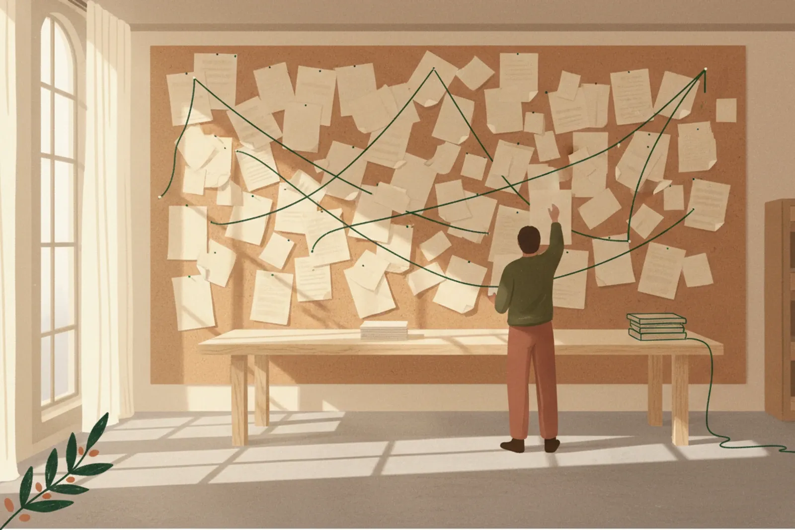 A wall-sized cork board of overlapping paper clippings joined by green thread, with someone reaching up to pin another sheet to it.