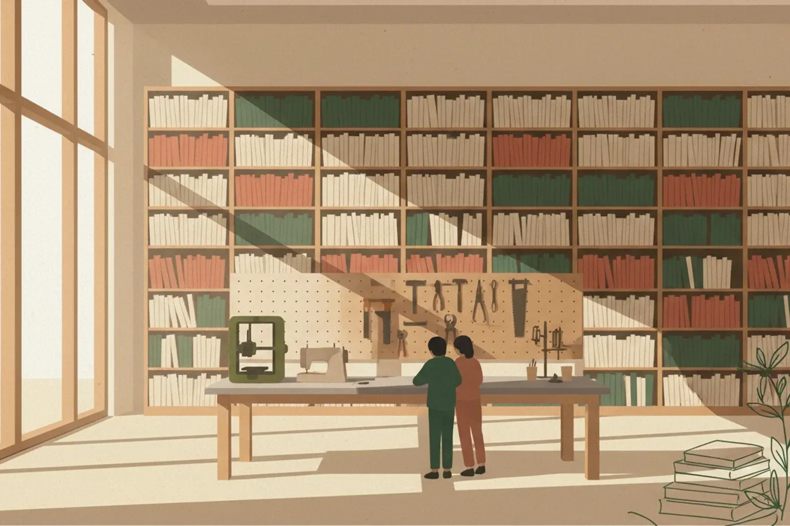 A workbench in a library makerspace with hand tools, a 3D printer and a sewing machine, shelves of books behind it.