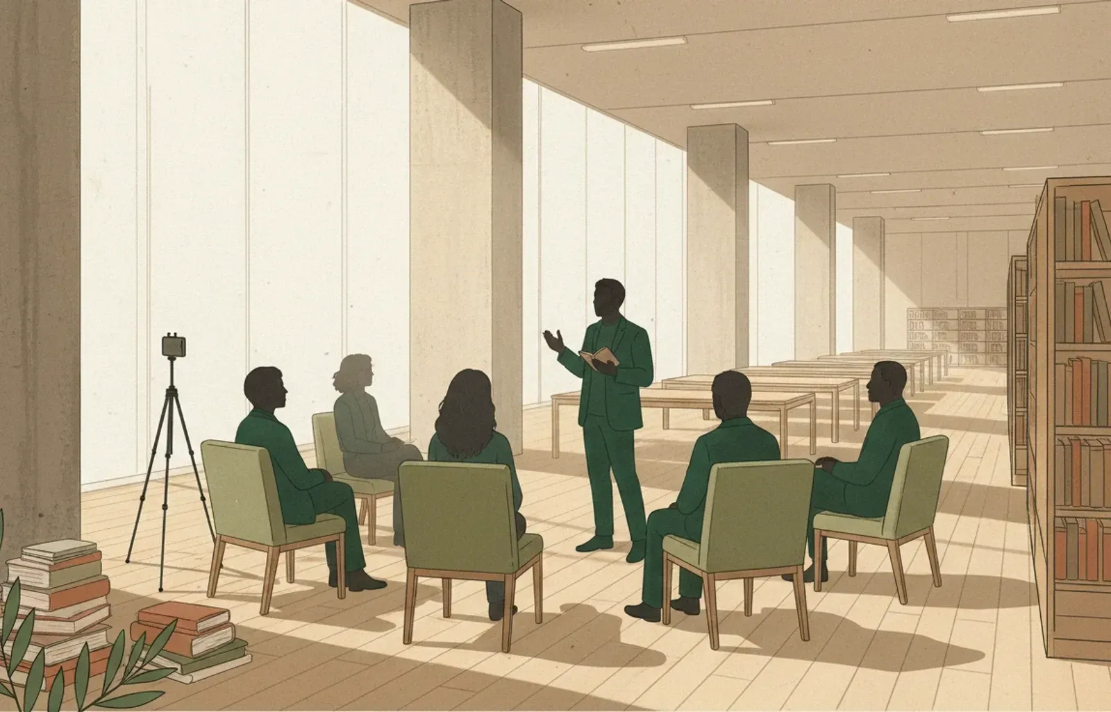 A small event in a corner of a library floor: a semicircle of seated listeners, one person speaking, a phone on a slim tripod recording it.