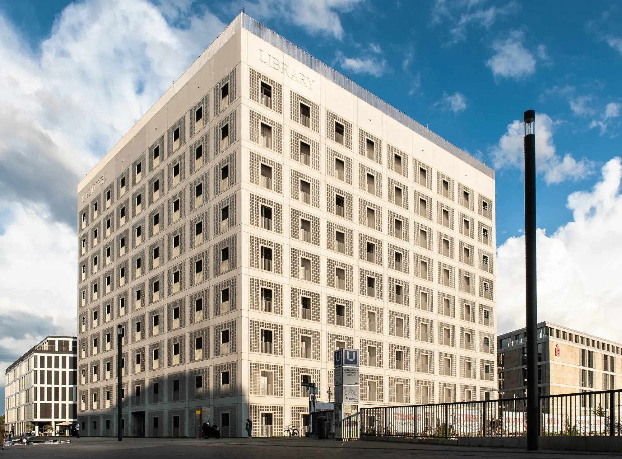 The Stuttgart city library, a white cube covered in a regular grid of square windows