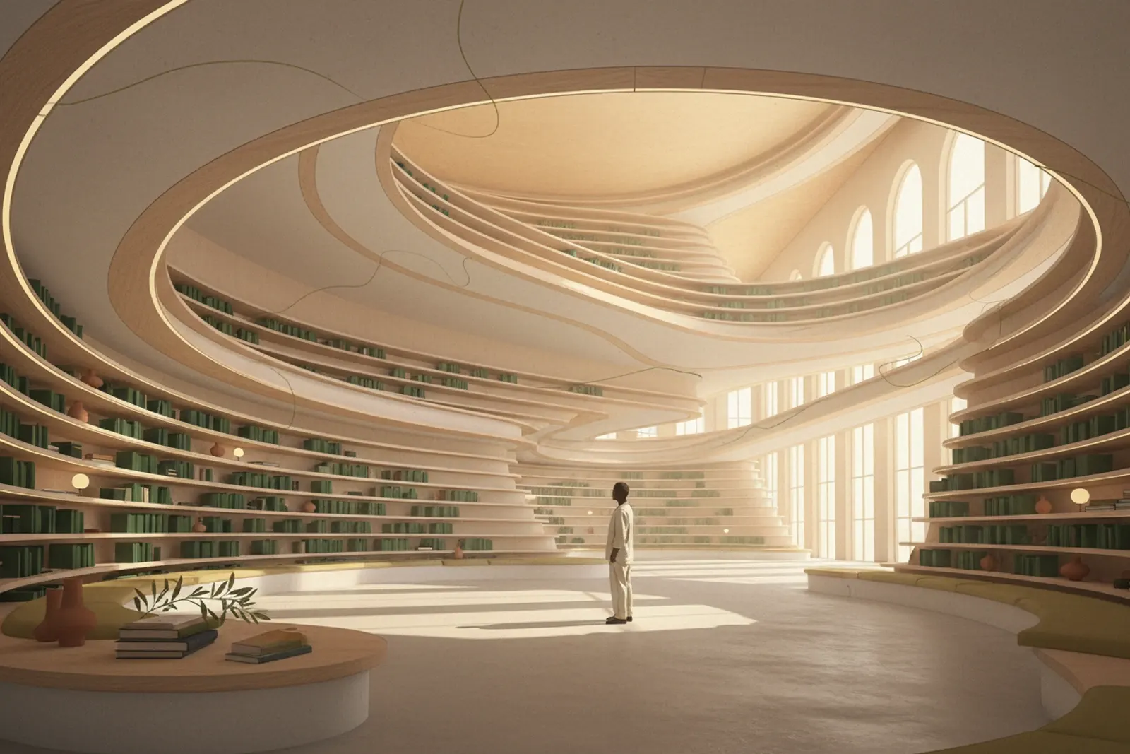 A sweeping interior of curved ribbon shelves rising towards a luminous ceiling.