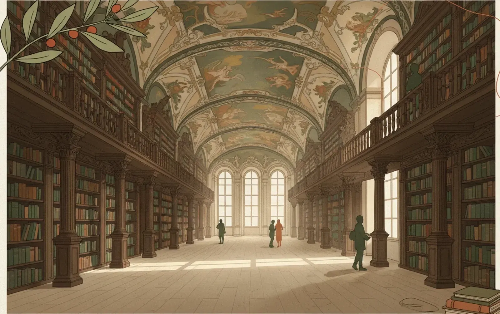 A baroque library hall with carved wooden galleries, a painted vaulted ceiling and rows of bound volumes.