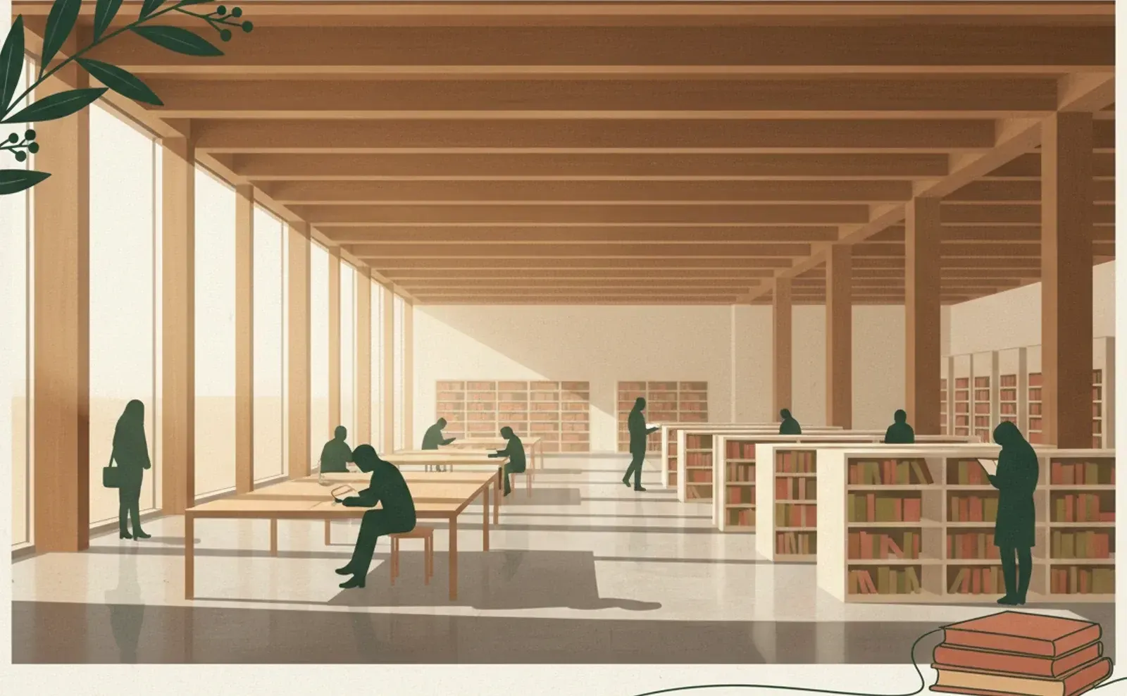 An open-plan reading floor under a timber ceiling, low shelves and long tables along a glass wall.