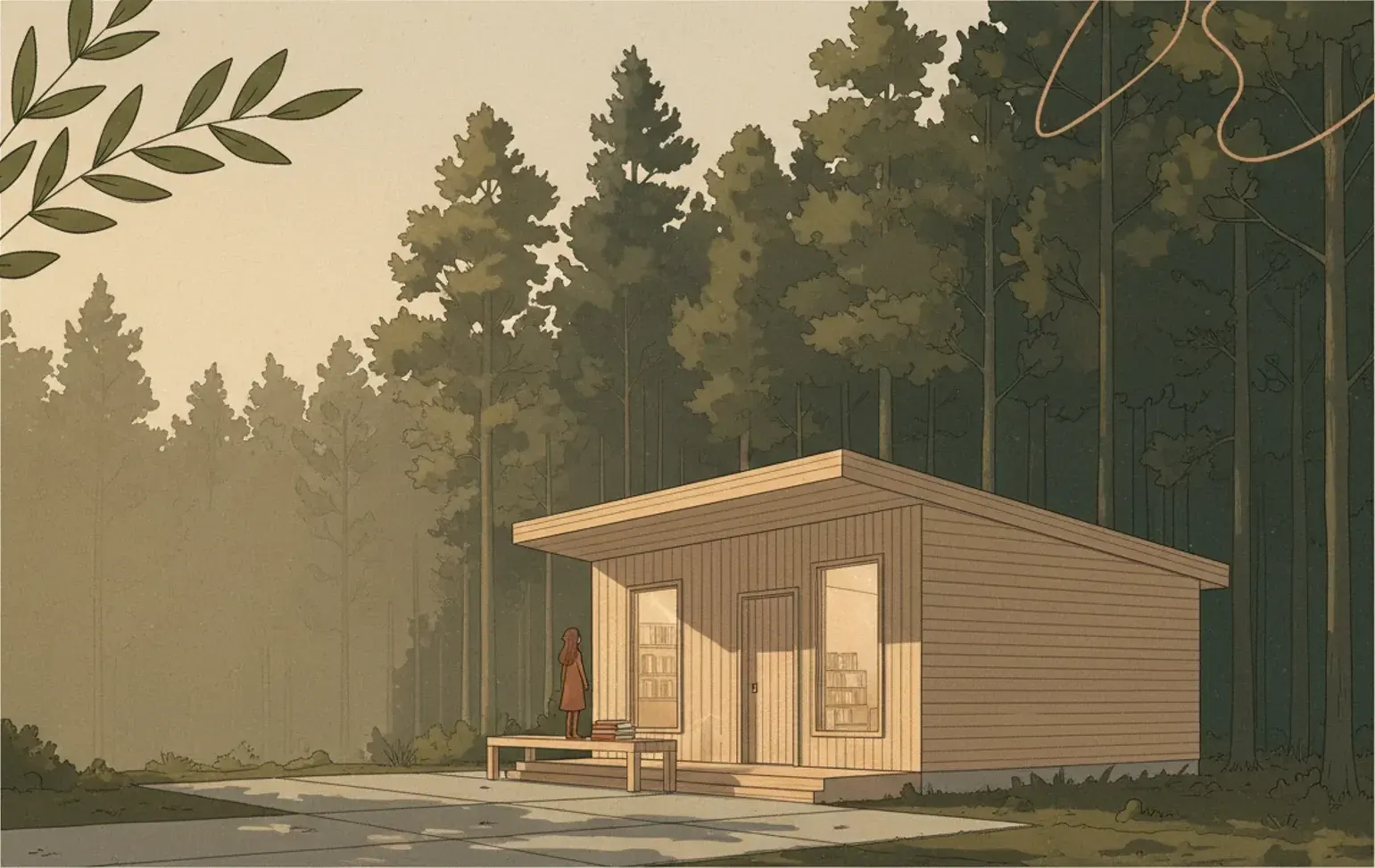 A small timber library hut at the edge of a forest, warm light in its windows and a bench outside the door.