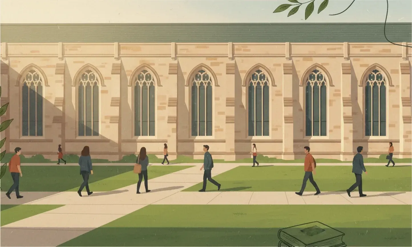 A university library quadrangle in late afternoon light, stone tracery windows above a lawn crossed by students.