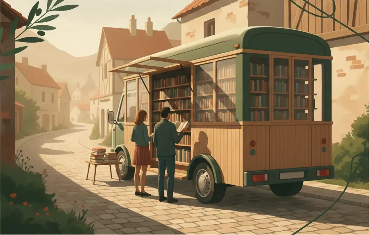 A mobile library van parked on a village road, its side open to shelves of books, with readers choosing from them.