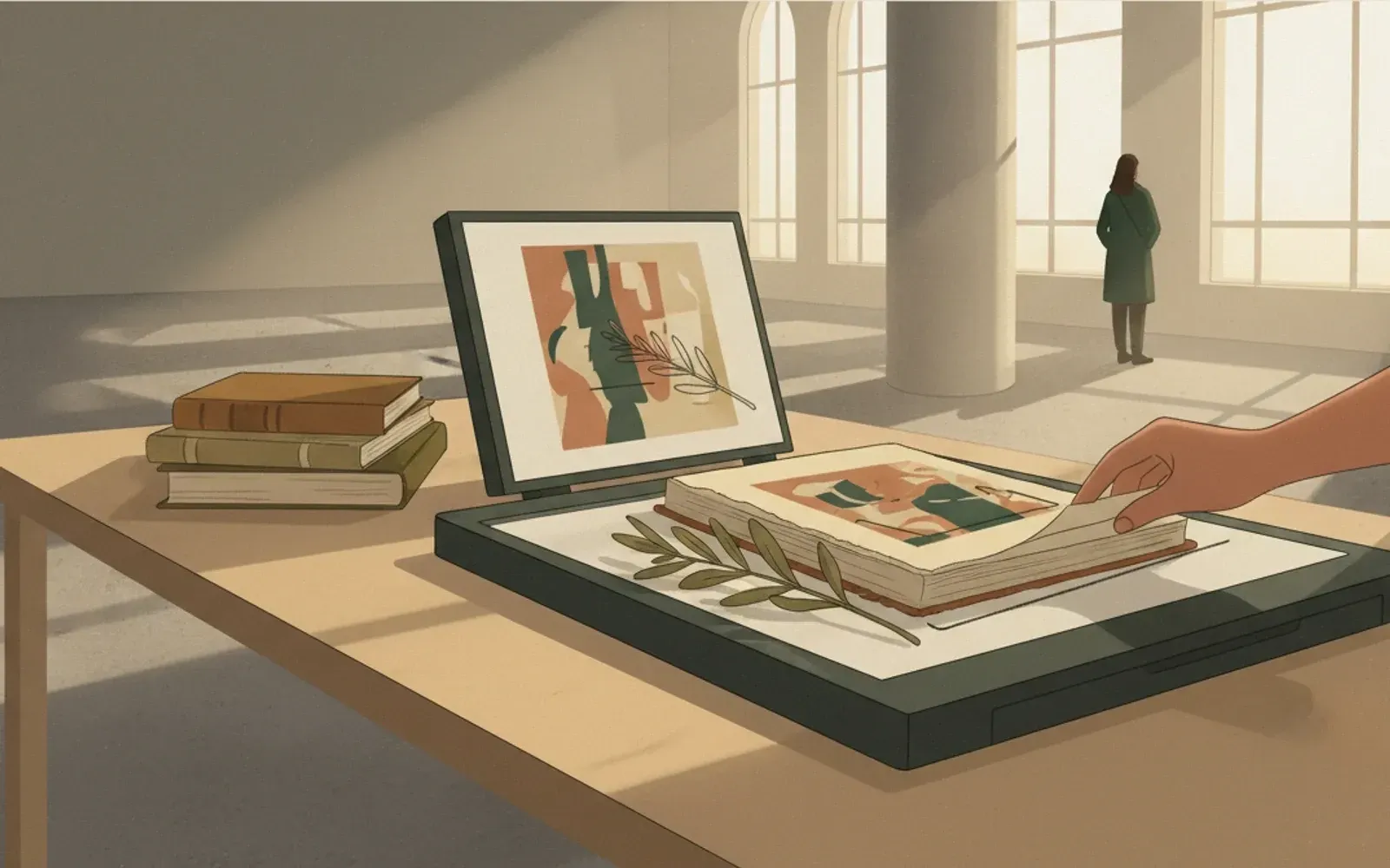 A hand turning the page of an old book beside a flatbed scanner and a screen showing the page it has just captured.