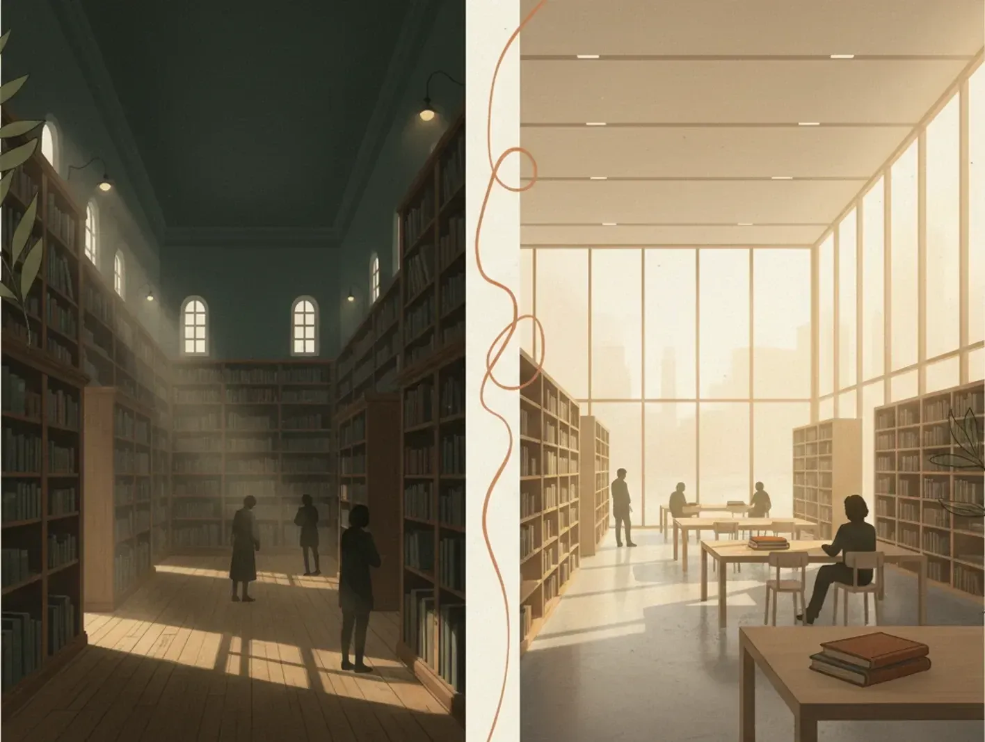 One view split in two: a dark historic reading room with tall stacks on the left, a bright open modern floor on the right.