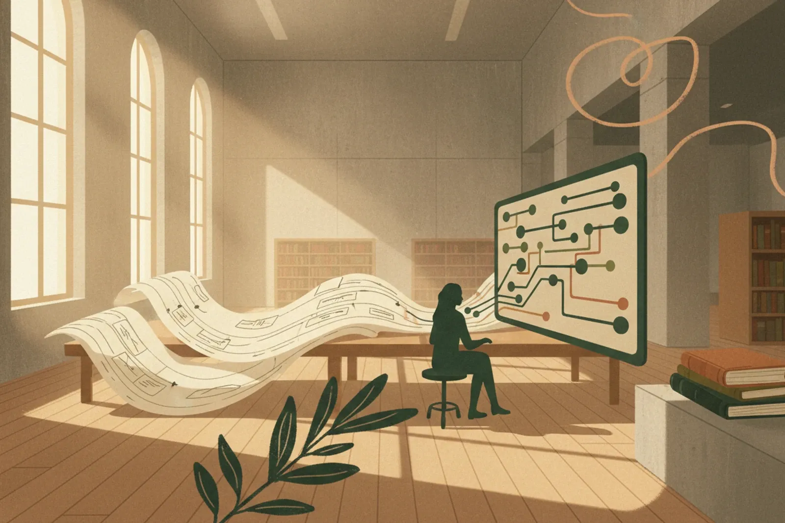 A librarian at a desk between a fan of index cards and a screen drawing the same connections as a diagram.
