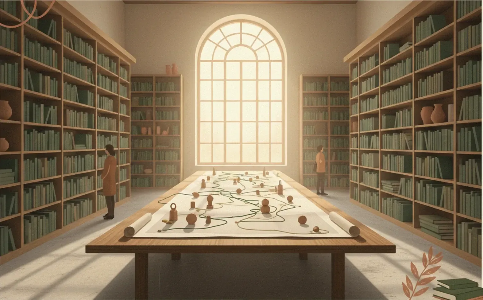 A long table in a library reading room with an unrolled paper map on it, small wooden markers standing across the map and threads laid between them.