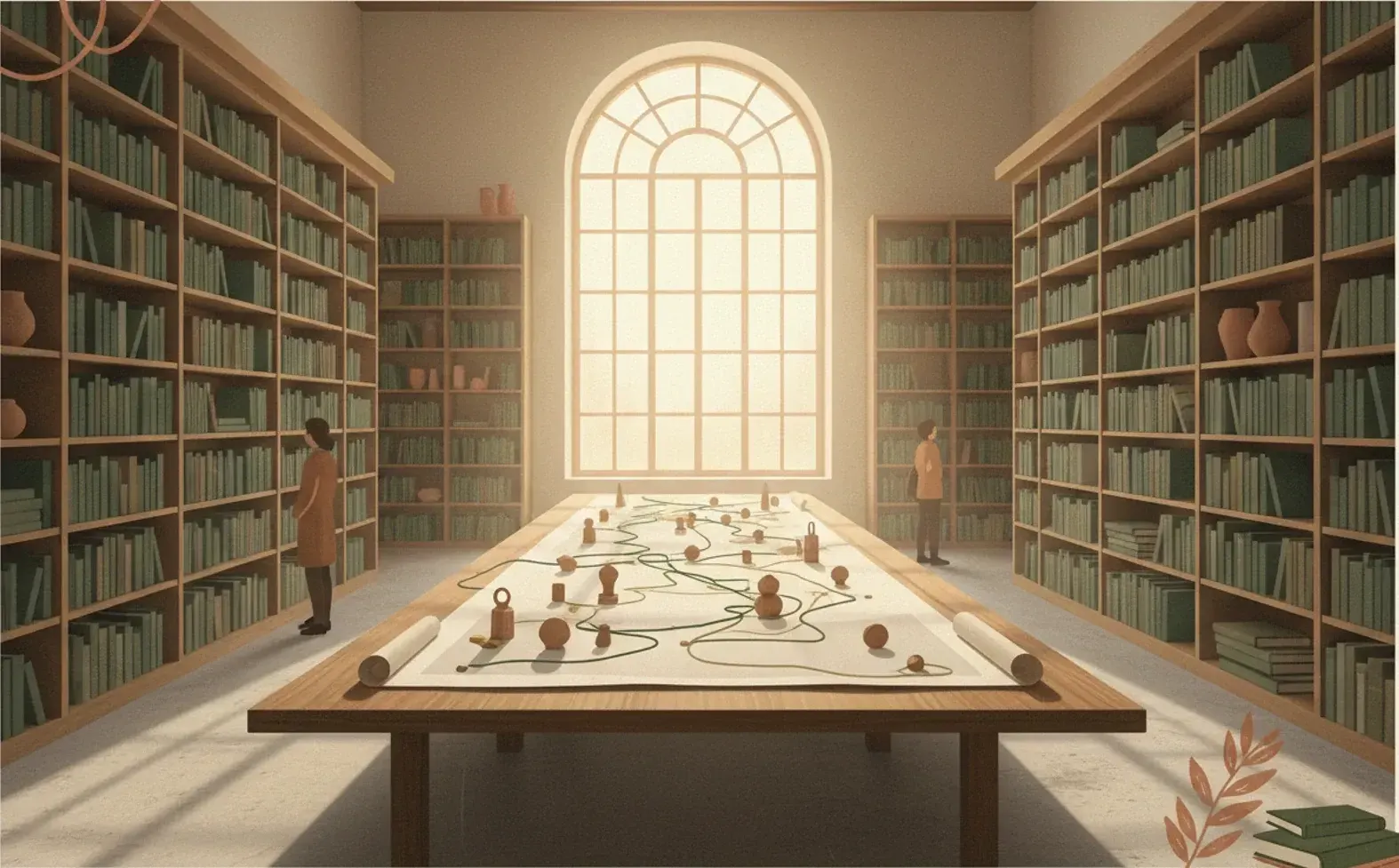 A long table in a library reading room with an unrolled paper map on it, small wooden markers standing across the map and threads laid between them.